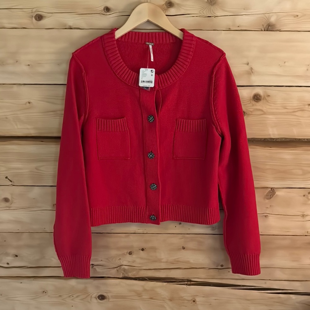 Free People Red Button-Up Cardigan